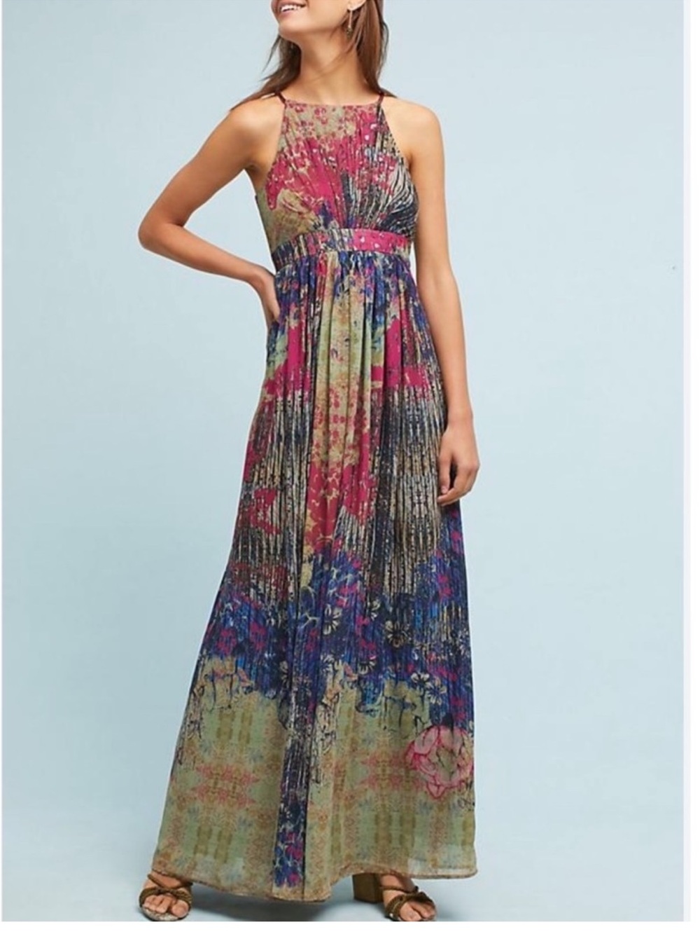 Anthropologie Multicolor Floral Halter Maxi Dress in Pink and Blue